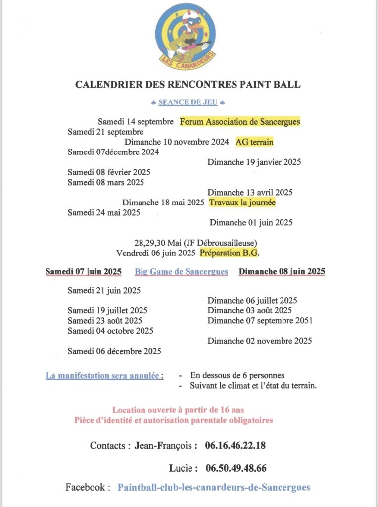 Calendrier des rencontres de Paint Ball